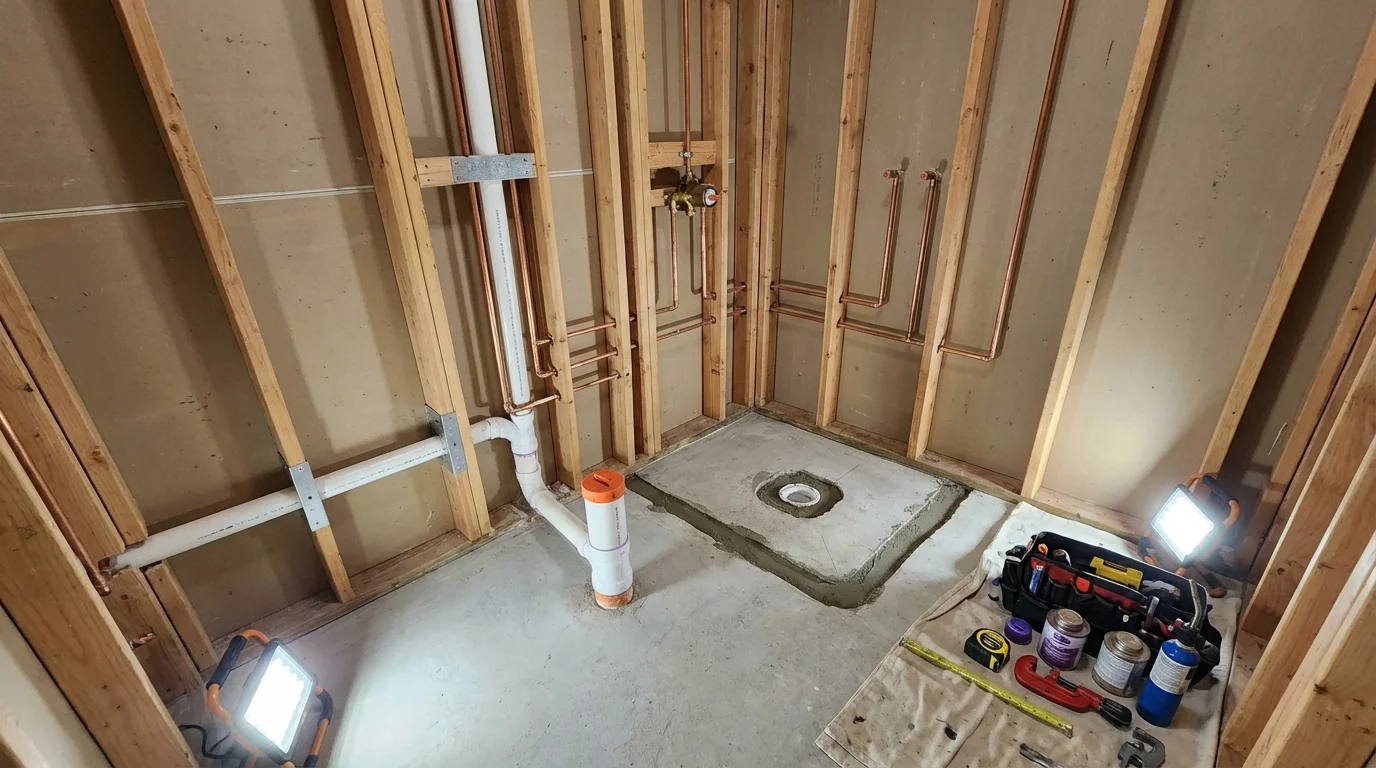 Bathroom rough-in plumbing during remodel by Johns Plumbing LLC in Albertville