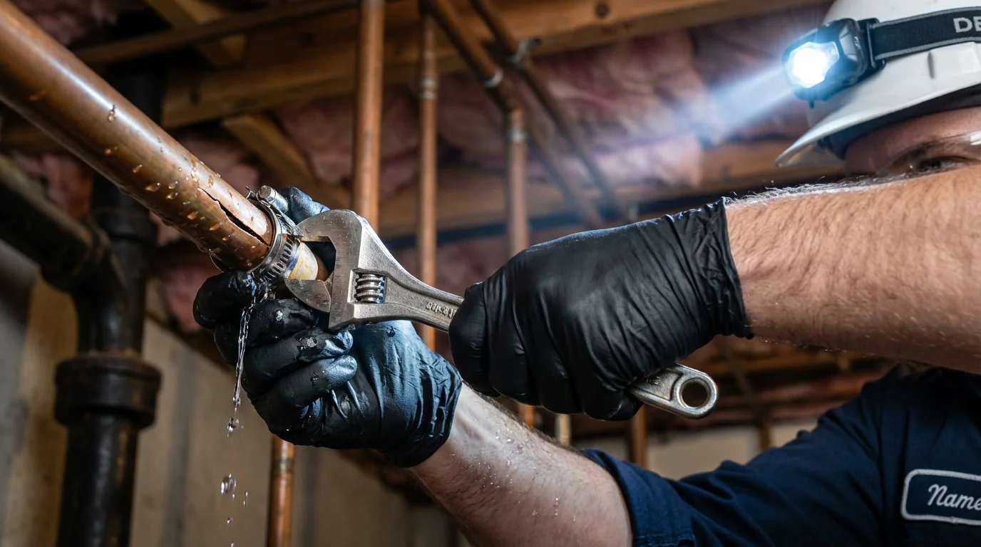 Emergency pipe clamp repair being performed by a Johns Plumbing LLC plumber in Albertville