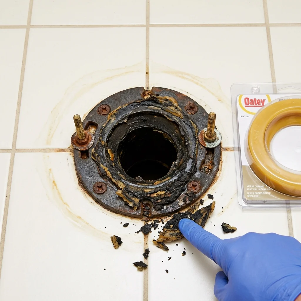Failed wax ring showing water seepage at the base of a toilet in a Albertville, AL home