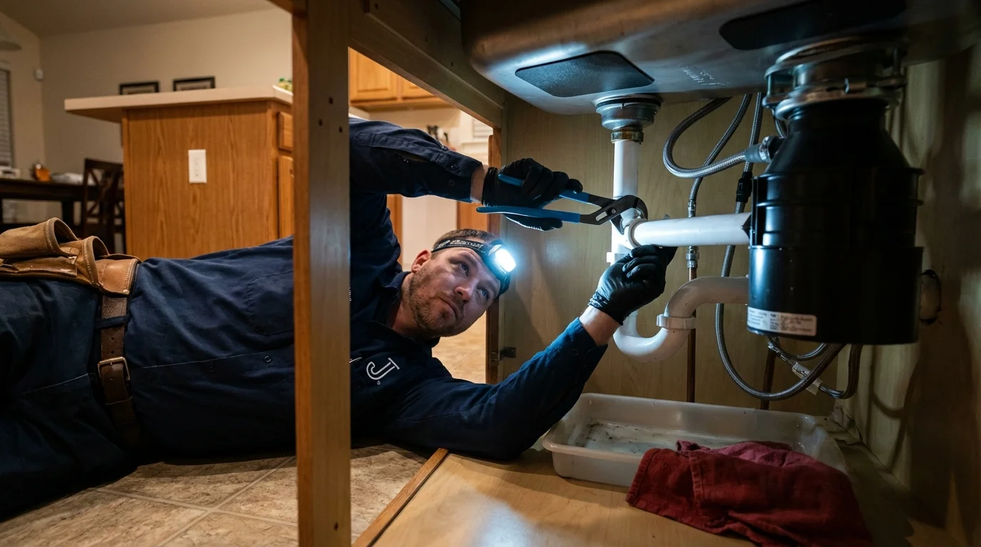 P-trap and supply line connections under a kitchen sink showing a common leak point in Albertville, AL